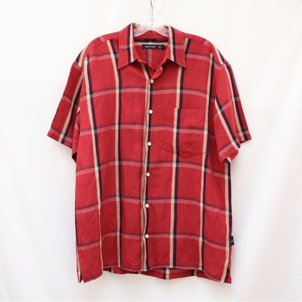 NWOT Nautica men's plaid check button-down shirt brick red linen blend M new